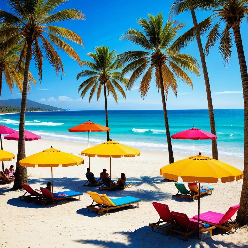 A stylish beach scene featuring a diverse group of people in vibrant swimwear, showcasing various beachwear styles and resort wear. Include colorful beach umbrellas, palm trees, and a shimmering ocean in the background to create an inviting tropical atmosphere. Emphasize fun, relaxation, and fashion. super-realistic. vibrant colors. sunny background.