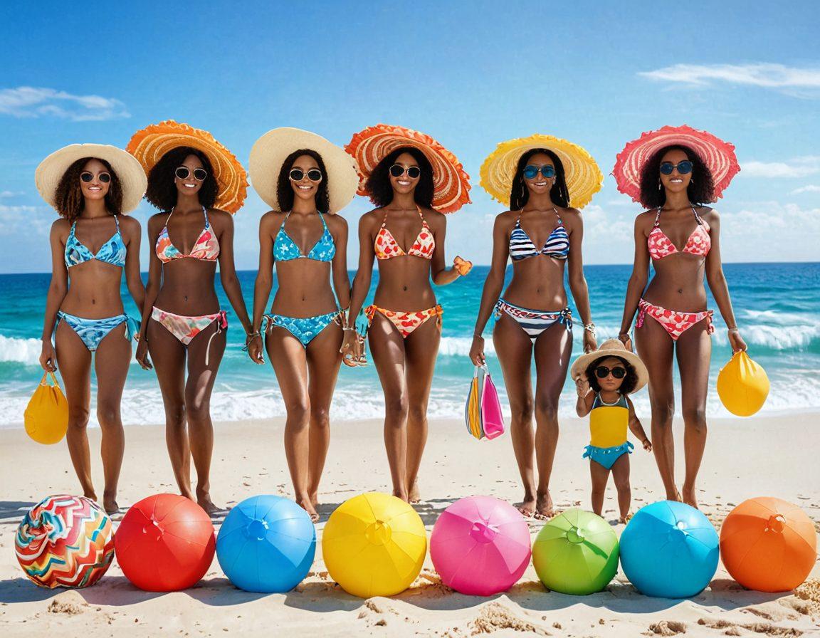 A vibrant beach scene showcasing diverse women wearing the latest bikini trends, featuring colorful patterns, unique cuts, and stylish accessories. Include elements like sun umbrellas, flip-flops, and beach balls, with a bright, sunny sky and ocean waves in the background. The image should evoke a sense of fun, fashion, and summer vibes. super-realistic. vibrant colors. white background.